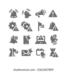 Reminder, notification bell vector icon set. Error message, problem flag and warning sign icons.