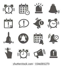 Reminder, notification black and white glyph icons set. Time management, message notice monochrome symbols for mobile UI design. Alarm clocks, calendars and bells silhouette illustrations pack