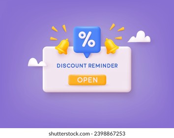 Reminder notification or message about a gift coupon for the purchase or subscription of a product. 3D Web Vector Illustrations.