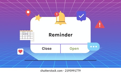 Reminder, notification page with floating elements futuristic concept and business planning, events, timetable virtual reality innovation technology flat vector illustration.