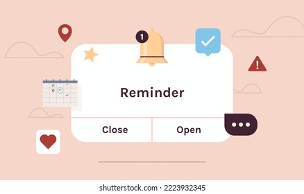 Reminder, notification page with floating elements and business planning, events, timetable flat vector illustration.