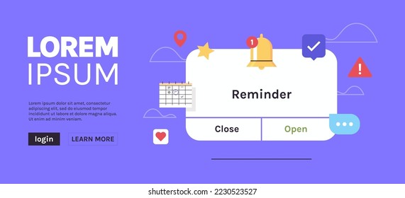 Reminder, notification page with floating elements and business planning, events, timetable flat vector illustration.