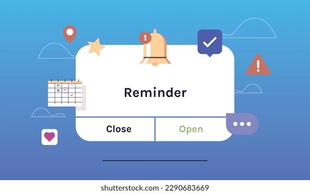 Reminder, notification page with floating elements and business planning, events, timetable flat vector illustration.