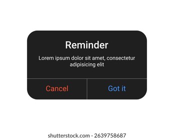 Reminder notification pop up UI design with Cancel and Got it buttons on for mobile app and web alert interface in a minimal modern style	