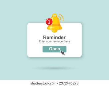 Reminder notifications page with alert bell icon in flat style. Event notice message vector illustration on isolated background. Announcement notice sign business concept.