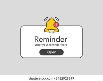 Reminder notifications page with alert bell icon in flat style. Event notice message vector illustration on isolated background. Announcement notice sign business concept.