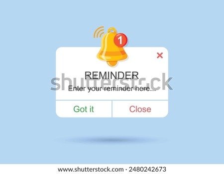 Reminder notifications page with alert bell icon in flat style. Event notice message vector illustration on isolated background. Announcement notice sign business concept.