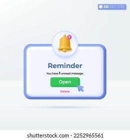 Reminder Notifications page banner icon symbols. advertising, Business planning, events, reminder letter online email concept. 3D vector isolated illustration design. Cartoon pastel Minimal style.