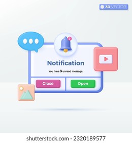 Reminder Notifications page banner icon symbols. Multimedia, chat, Marketing planning, photo, reminder letter online email concept. 3D vector isolated illustration design. Cartoon pastel Minimal style