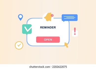 Reminder, notifications page, notice warning. Alert for business planning, email marketing, online advertising, important events push, calendar reminder and timetable concept. Flat vector illustration