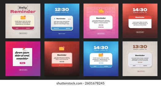 Reminder notifications templates set for social media. 3D-style notification. Variables: colorful design and reminder note layouts with a motivation letter, a place for text