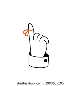 Reminder on finger. Red string around the forefinger. Sketch doodle outline black and white cartoon isolated on white