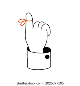 Reminder On Finger. Red String Around The Forefinger. Sketch Doodle Outline Black And White Cartoon Isolated On White