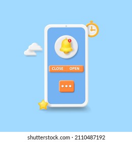 Reminder on smartphone screen, UI mobile app Notification message. 3d vector.