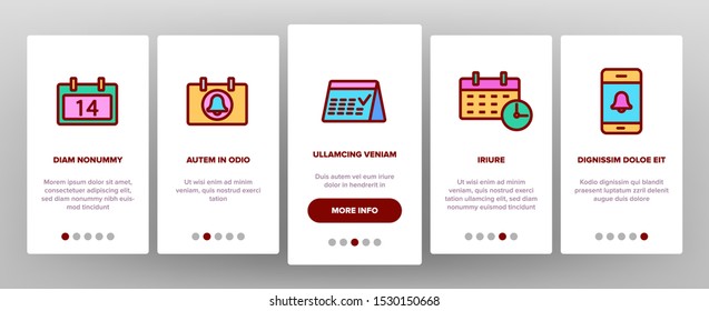 Reminder Onboarding Mobile App Page Screen Vector Icons Set Thin Line. Reminder, Goal And Date On Calendar, Bell On Smartphone Display Pictograms. Time Management Contour Illustrations