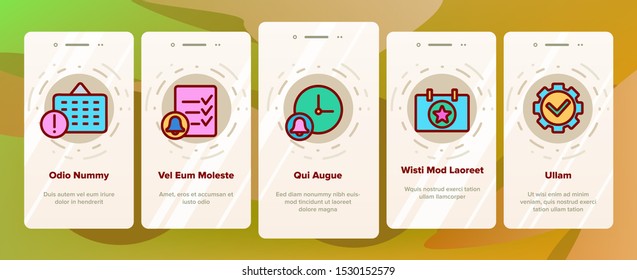 Reminder Onboarding Mobile App Page Screen Vector Icons Set Thin Line. Reminder, Goal And Date On Calendar, Bell On Smartphone Display Pictograms. Time Management Contour Illustrations