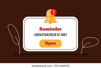 Reminder Page with a Bell Notification Flat Style. Digital messages and planner user interface vector art