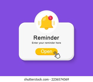 Reminder page popup. Notification page with bell. Reminder events, business planning, timetable, new notice for ui. Vector Illustration.