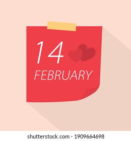 reminder paper note with Valentine's Day, 14 february date- vector illustration