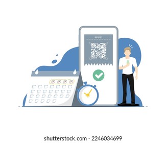 Recordatorio del concepto de tiempo de pago, Human stand with application payment on smartphone, Digital marketing ilustración.