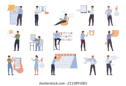 Reminder people flat set of isolated icons with human characters of business workers with alarm pictograms vector illustration
