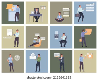 Reminder people set of square compositions with characters of business employees with alarm pictograms and paperwork vector illustration