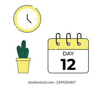 Recordatorio del concepto de planificador. Reloj de pared amarillo y calendario con decoración de cactus