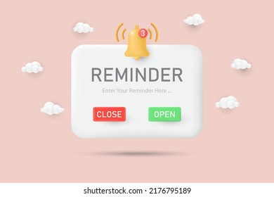 Reminder popup. Email marketing, online advertising concept. Notifications. Web banner. Concept web design, website page development. Calendar reminder. 3d vector illustration.