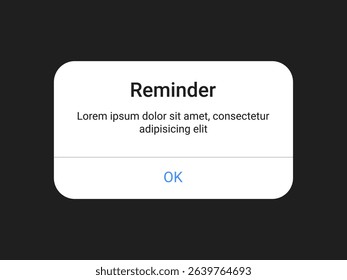 Reminder Popup UI Alert notification Window with OK Button on Dark Background for Mobile App or Website Interface