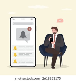 Reminder, push notifications on mobile phone screen, concept. Happy male character uses smartphone. Online notification. Businessman receive new incoming message. Mobile announcement. flat vector