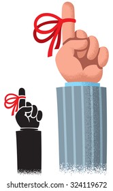 Reminder Ribbon: Cartoon of index finger with red reminder ribbon. 