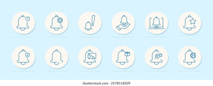 Reminder set icon. Bell with clock, settings, alert, hand, laptop notification, stars, protection, images, package, timer, updates. Represent notifications, reminders, and security alerts