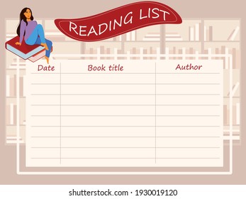 A reminder sheet of books read with columns for the title, author's name, and date of reading. The concept of love of reading and planning free time for education, developing the habit of regular read