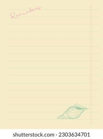 Reminder sheet template, to do list, note planner, hand drawn seashell on school notebook sheet. Vector illustration