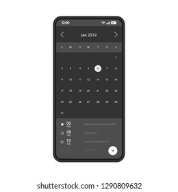 Reminder smartphone app interface vector template. Mobile calendar application page black design layout.  Personal organizer, appointment planner screen. Meeting planning. Flat UI. Phone display