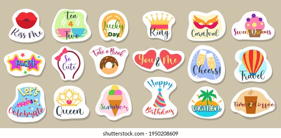 Reminder stickers designs. Icons and text decor sticker elements for scrapbooking, cartoon doodle picture symbols for papers planners, scrapbook calendar typography memo collection