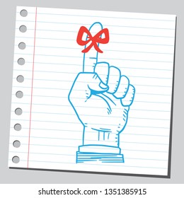 Reminder string. Red bow on finger.Sketch style illustration on sticky note background.