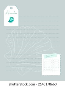 Reminder template, seashells and calendar for June 2022. To-do list, scrapbooking, notes, plans, vintage style. Vector illustration