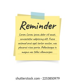 Reminder text on yellow note paper. flat design illustration. isolated stock vector