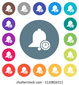 Reminder time flat white icons on round color backgrounds. 17 background color variations are included.