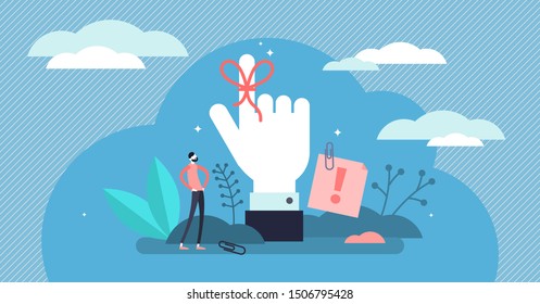 Reminder vector illustration. Flat tiny string around finger person concept. Creative method to remember meeting or event. Symbolic memory strategy with bow and knot for sclerosis and forgetful people