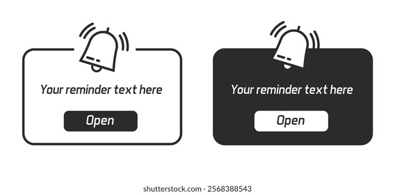 Reminder window alert notification black white modern vector illustration set line stroke outline, sound ui ux interface element with ringing bell alarm new message notice image clip art
