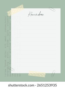 Reminders blank sheet of paper, paper clips and washi tape, vintage scrapbooking style blank sheet with old text Lorem ipsum. For notes, to-do list, planner.