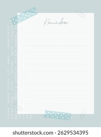 Lembretes folha em branco de papel azul claro, clipes de papel e fita washi, vintage scrapbooking estilo folha em branco com o texto antigo Lorem ipsum. Para anotações, lista de tarefas, planejador.