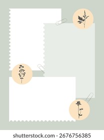 Modelo de lembretes, scrapbooking com adesivos beges de herbário botânico. Notas, folha de notas, lista de tarefas. Ilustração vetorial