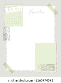 Reminders witch Calendar July 2022 To do list , template, blank, stamp, scrapbooking, plans, vintage.