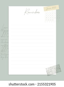 Reminders witch Calendar June 2022 To do list , template, blank, stamp, scrapbooking, plans, vintage. Vector illustration