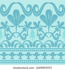 Reminiscent of Baroque Rococo styling with Aqua Blue Silk Weaves Scroll Ornament on Cyan Background Seamless Pattern Stripe. Luxury Exotic Element Design for Carpet Interior Border Wallpaper Textiles