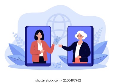 Remittance from daughter to elderly mother. Woman sending money on phone screen flat vector illustration. Family, bank transfer, payment concept for banner, website design or landing web page