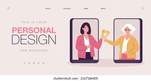 Remittance from daughter to elderly mother. Woman sending money on phone screen flat vector illustration. Family, bank transfer, payment concept for banner, website design or landing web page